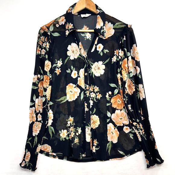 Ember Floral Ruffle Top Long Sleeve Buttoned Women's Medium V-Neck Sheer Summer - Picture 1 of 10